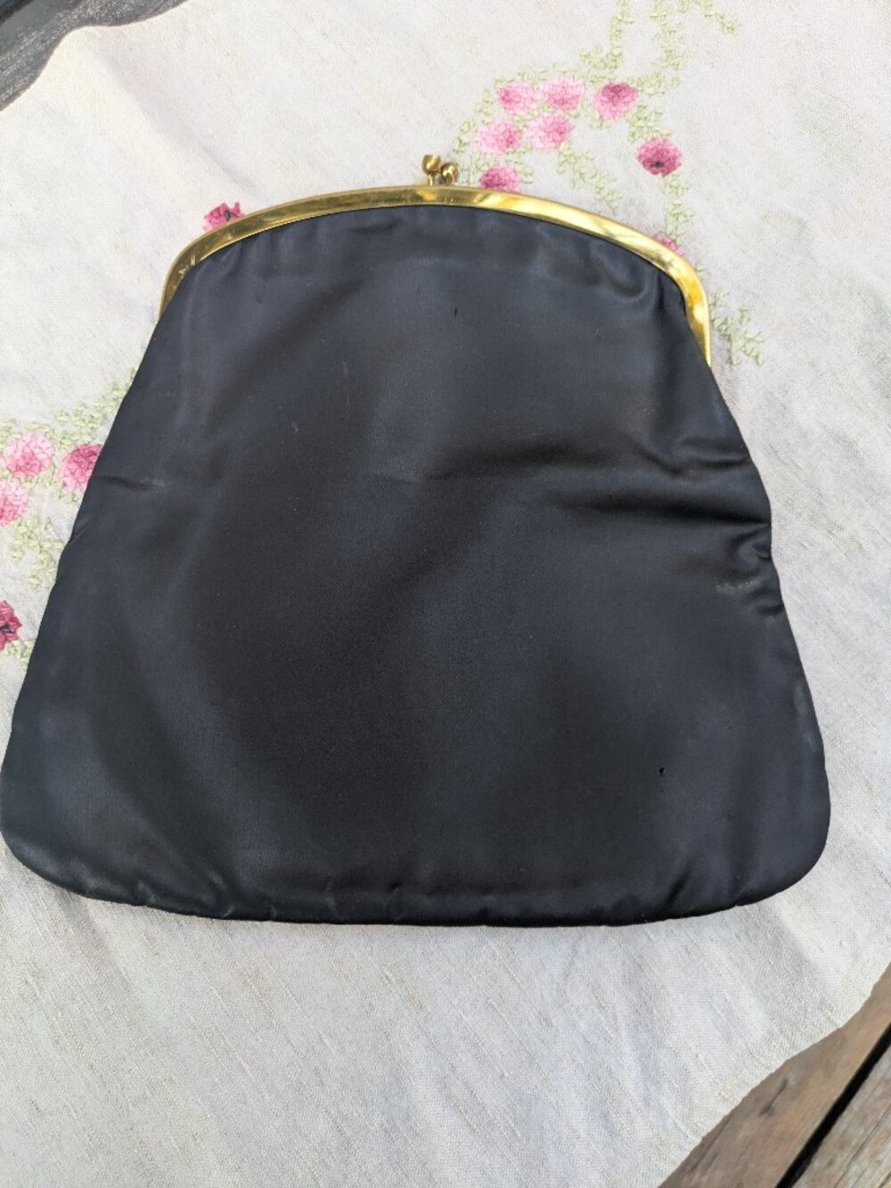 Mel-Ton black satin evening clutch w/ gold-tone kiss-lock clasp 1950's era.